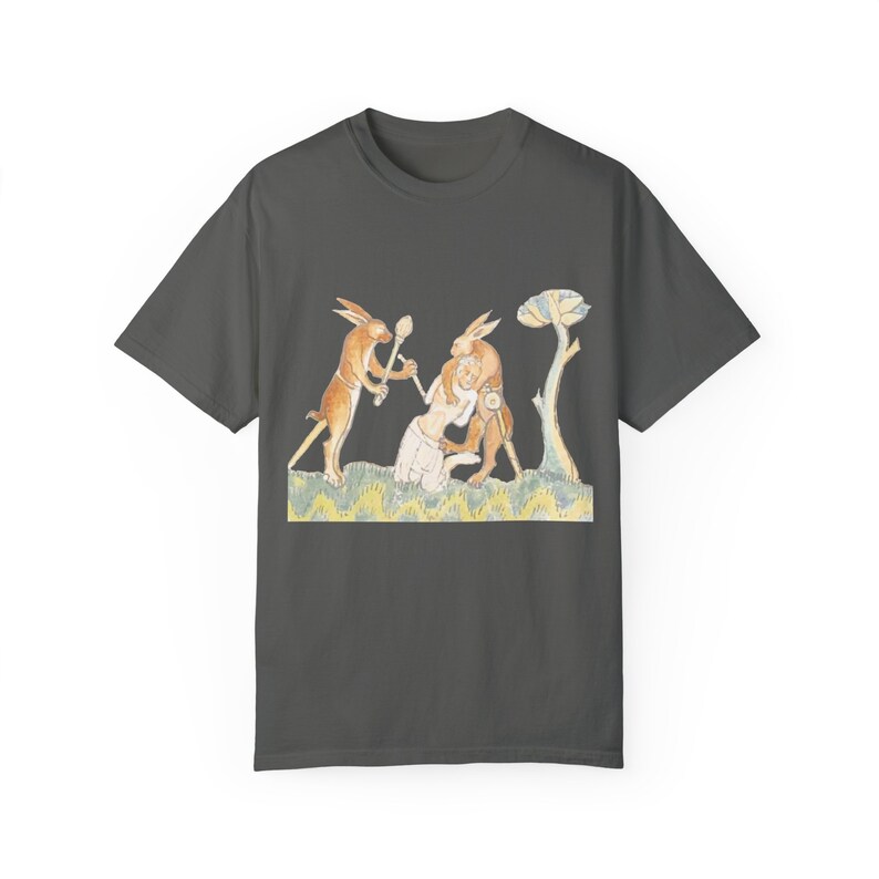 Medieval Rabbits Capturing Human T-Shirt: Whimsical History Tee Pepper