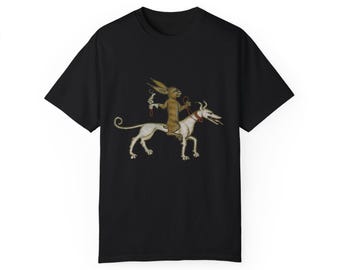 Medieval Rabbit Riding War Dog T-Shirt: Whimsical Fantasy Art