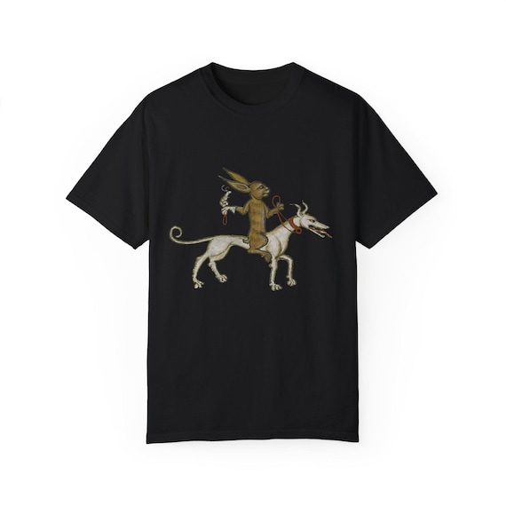 Medieval Rabbit Riding War Dog T-Shirt: Whimsical Fantasy Art
