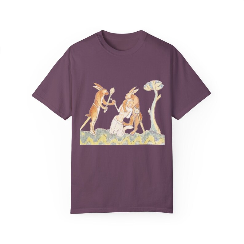 Medieval Rabbits Capturing Human T-Shirt: Whimsical History Tee Berry