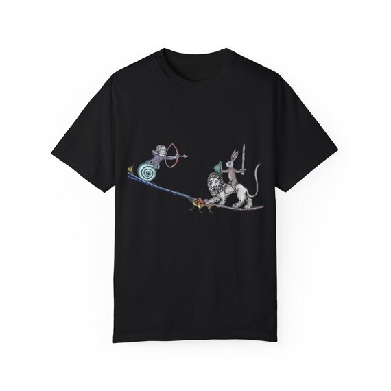 Medieval Rabbit vs Snail Archer T-Shirt: Whimsical Manuscript Art