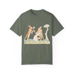 Medieval Rabbits Capturing Human T-Shirt: Whimsical History Tee Moss