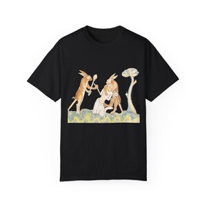 Medieval Rabbits Capturing Human T-Shirt: Whimsical History Tee Black