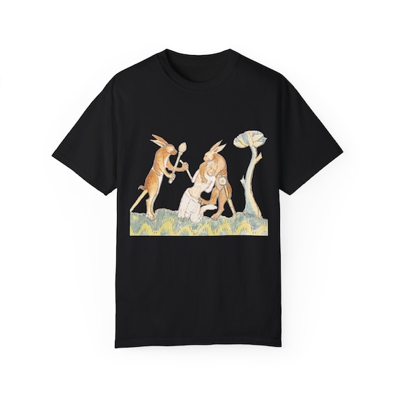 Medieval Rabbits Capturing Human T-Shirt: Whimsical History Tee