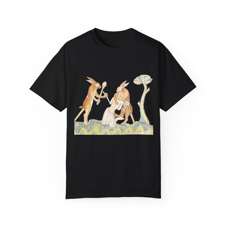 Medieval Rabbits Capturing Human T-Shirt: Whimsical History Tee Black
