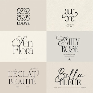 May include: A selection of black logos on a neutral background. The logos feature the names: LOEWE, APRICITY CLUB, Sun Flora, EMILY ROSE, L'ÉCLAT BEAUTÉ, and Bella Fleur. The logos are for beauty, floral design, and planning services.