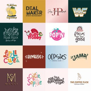 May include: A collection of sixteen logos, each with unique designs and text. Logos include "Lemon Squeezy" with a lemon illustration, "Deal Maker Events Management", "JP Personalizado", and a "WWF" logo. Other logos feature text like "Rose Rock bake shop" and "Little Cutes".