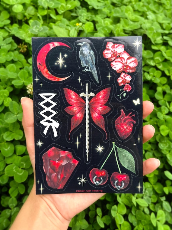Dark Romance Sticker Sheet: Gothic Coquette Aesthetic, Cherry, Heart and Moon Stickers, Fantasy Angel Sword, Red Sticker Pack