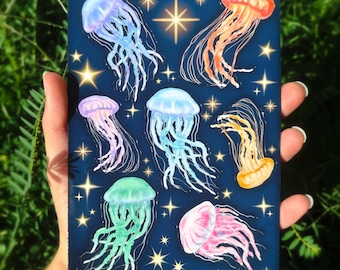 Foglio di adesivi con meduse cosmiche: simpatici adesivi di meduse, arte di creature marine, foglio di adesivi oceanici