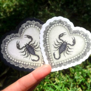 Pu&ograve; includere: Due adesivi a forma di cuore con un disegno di scorpione nero. Gli adesivi hanno uno sfondo bianco, un bordo di perle e un bordo in pizzo. Uno ha un bordo nero, l'altro un bordo bianco.