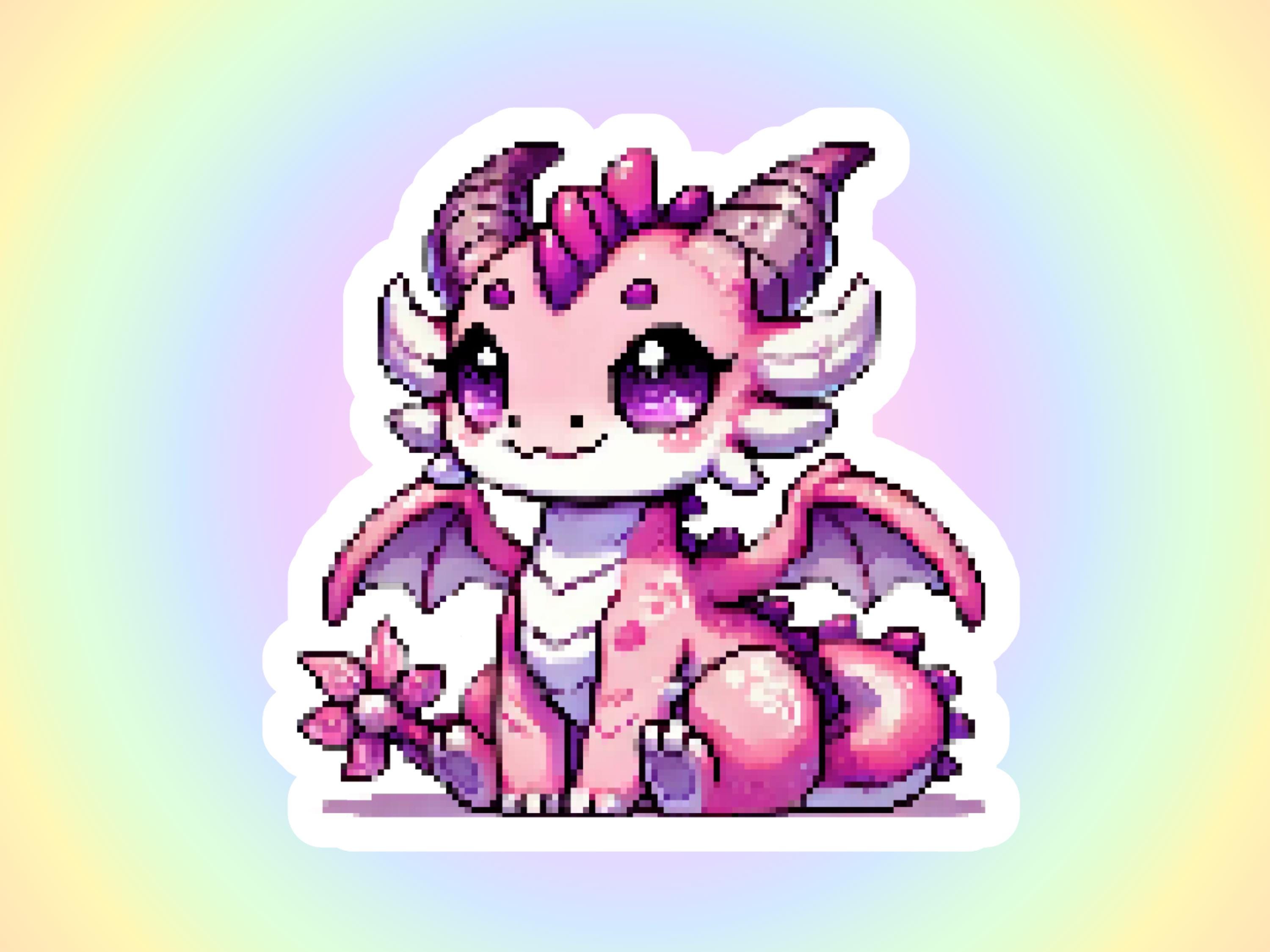 Chibi Dragon Vinyl Sticker - Cute Pixel Art Fantasy Monster Decal, Pixelated 8 Bit Role Playing Game, Kawaii Pink Girly Magical Magic RPG