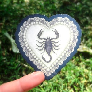 Pu&ograve; includere: Un adesivo a forma di cuore con un'illustrazione dettagliata di uno scorpione. Il design presenta uno sfondo bianco, un bordo di perle e un bordo smerlato blu navy. L'adesivo &egrave; tenuto su uno sfondo verde sfocato.