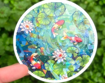 Koi Fish Pond Sticker - Pixel Art Koi Fish Sticker, Koi Pond Sticker, Pretty Koi Vinyl Decal, Lily Pad Sticker, Beautiful Koi Sticker