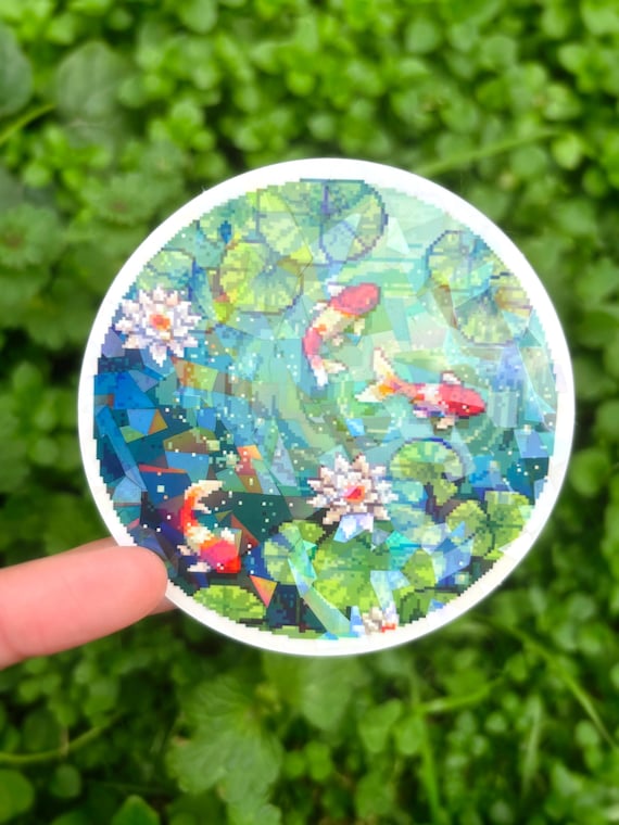 Koi Fish Pond Sticker - Pixel Art Koi Fish Sticker, Koi Pond Sticker, Pretty Koi Vinyl Decal, Lily Pad Sticker, Beautiful Koi Sticker