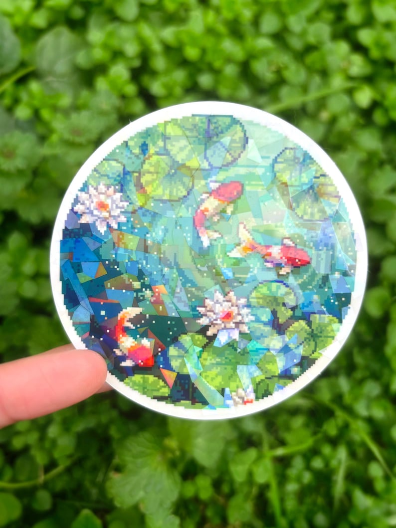 Koi Fish Pond Sticker - Pixel Art Koi Fish Sticker, Koi Pond Sticker, Pretty Koi Vinyl Decal, Lily Pad Sticker, Beautiful Koi Sticker image 1