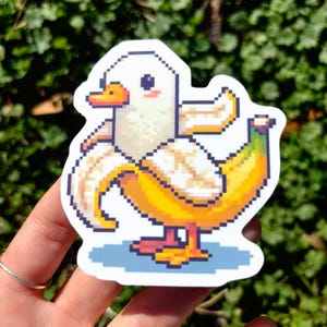 Sticker canard banane mignon - sticker canard holographique, sticker oiseau banane pixel art, joli cadeau pour amateur de canard, animal fruité, oie kawaii