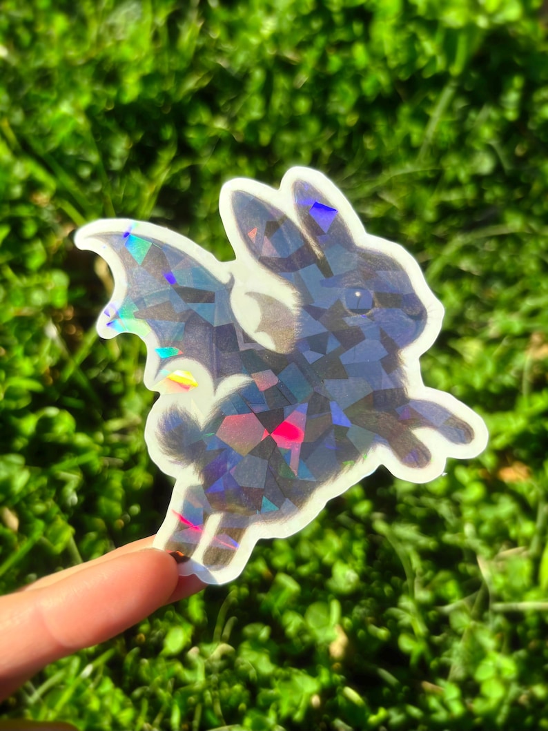 Bat Wings Bunny Sticker - Creepy Cute Bunny Sticker, Weird Cute Rabbit Sticker, Goth Animal Sticker, Gothic Bunny Vinyl Sticker Holographic