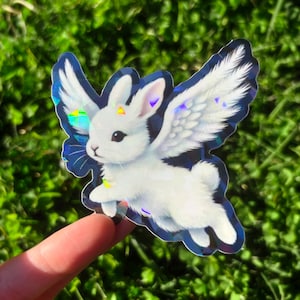 Angel Wings Bunny Sticker - Creepy Cute Bunny Sticker, Weird Cute Rabbit Sticker, Angelic Animal Sticker, Gothic Bunny Vinyl Sticker Holographic