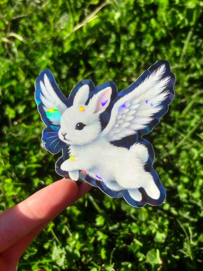 Angel Wings Bunny Sticker - Creepy Cute Bunny Sticker, Weird Cute Rabbit Sticker, Angelic Animal Sticker, Gothic Bunny Vinyl Sticker Holographic
