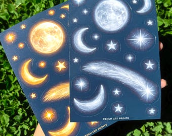 Celestial Sticker Sheets: Mond und Sterne Sticker Sheet 2 Pack, Night Sky Ästhetik, Witchy Planner Sticker, Space Sticker Sheet