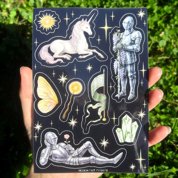 Medieval Knight Sticker Sheet - Illustrated Dark Fantasy Sticker Sheet, Whimsical Medieval Sticker Sheet, Girl Knight Sticker Sheet