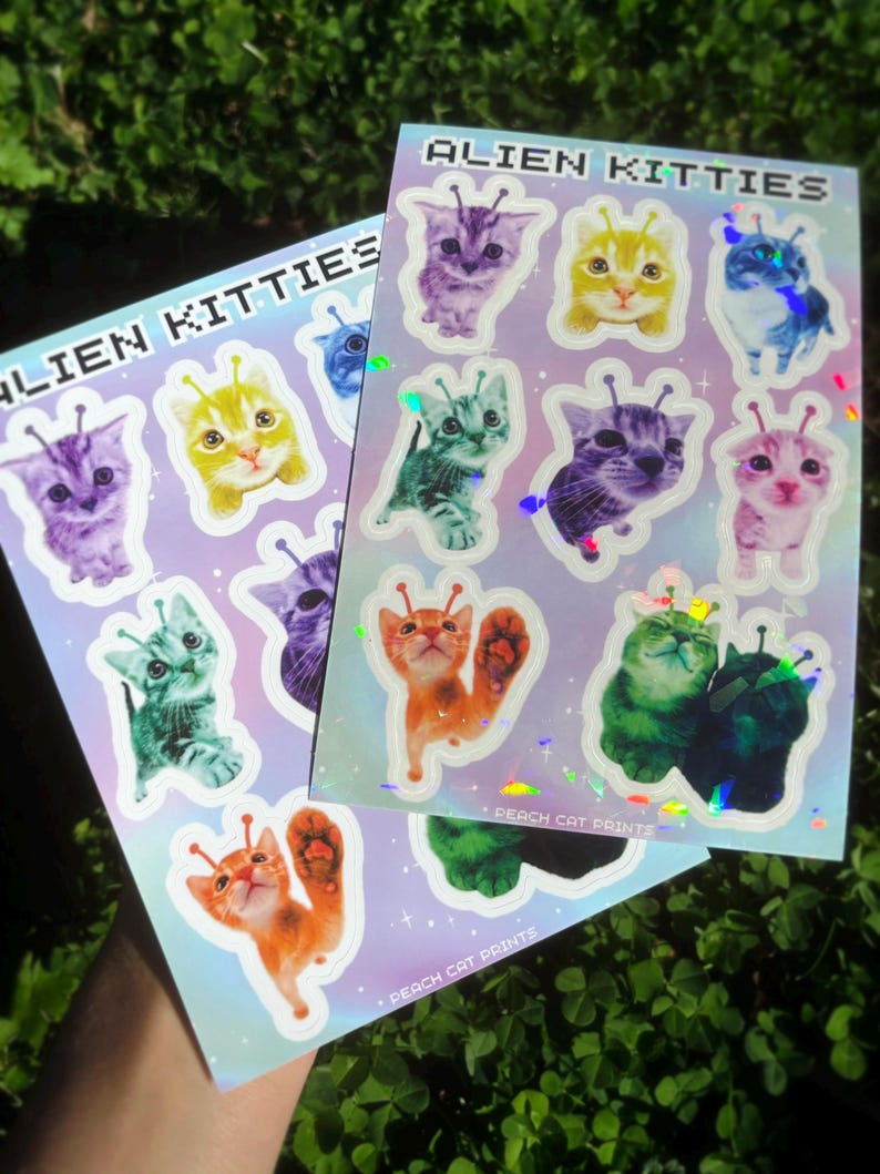 Alien Cat Sticker Sheet - Alien Animal Sticker Sheet, Kawaii Alien Kitty Sticker Sheet, Kittyycore Vinyl Decal Sheet, Cute Cat Sticker Sheet image 5