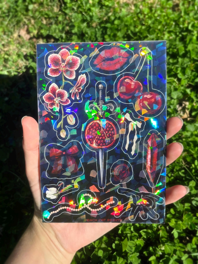Gothic Romance Sticker Sheet: Dark Romance Stickers, Femme Goth Stickers, Pomegranate Art, Victorian Gothic Aesthetic Holographic
