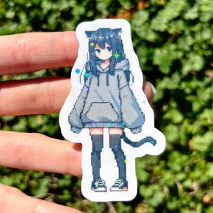 Cute Cat Waifu Vinyl Sticker - Chibi Pixel Art Anime Girl Decal, Kawaii