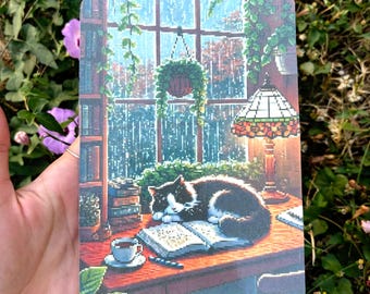 Rainy Library Kindle Insert - Cute Holographic Tuxedo Cat Kindle Insert, Cozy Black Cat E-Reader Insert, Bookish Cardstock, Rainy Day Office