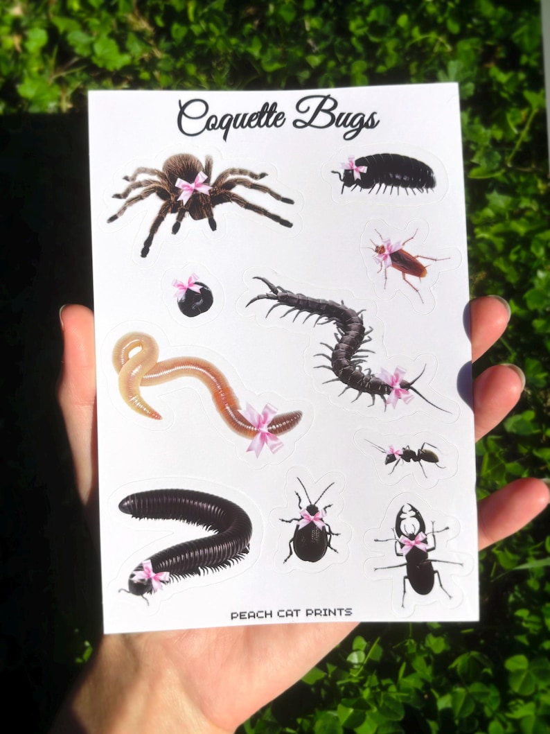 Coquette Bugs Sticker Sheet - Creepy Cute Insect Sticker Sheet, Cute Sticker Sheet, Kawaii Sticker Sheet, Cutesy Sticker, Centipede Sticker Glossy