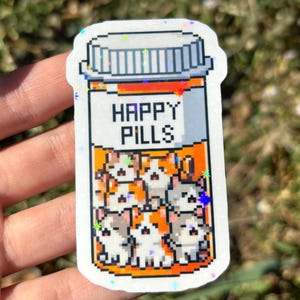 Sticker antidépresseur mignon pour bouteille de pilules - bouteille de pilules holographique pour chat, sticker Happy Pills - dépression dépression TOC bipolaire