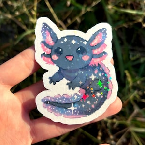 Cute Axolotl Sticker Two Pack - Cosmic Axolotl Sticker, Kawaii Pastel Pink Axolotl Sticker, Space Salamader Vinyl Decal 2 Set Cosmic (Holographic)