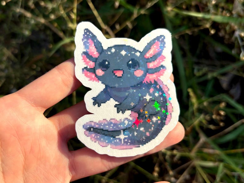 Cute Axolotl Sticker Two Pack - Cosmic Axolotl Sticker, Kawaii Pastel Pink Axolotl Sticker, Space Salamader Vinyl Decal 2 Set Cosmic (Holographic)