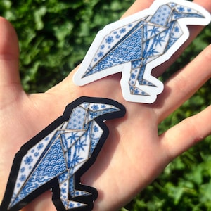 Origami Raven Sticker: Blue Porcelain Crow Sticker, Kintsugi Bird Decal, Japanese Inspired Gothic Raven Vinyl Sticker