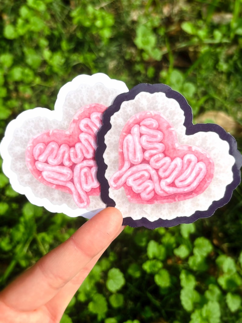 May include: Two heart-shaped stickers with a brain design. The brain is pink with white lines, and the stickers have a white and black border. The stickers are held up against a green background.