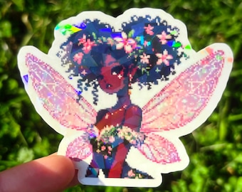 Holographic Fairy Sticker - Cute Black Pixie Vinyl Decal, Sparkly Pixel Art Fairycore & Cottagecore Sticker, Beautiful Holo Faerie Sticker