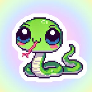 Sticker serpent pixel art kawaii - sticker serpent bébé liane asiatique mignon, adorable reptile vert serpent serpent 8 bits, grosse tête pixélisée