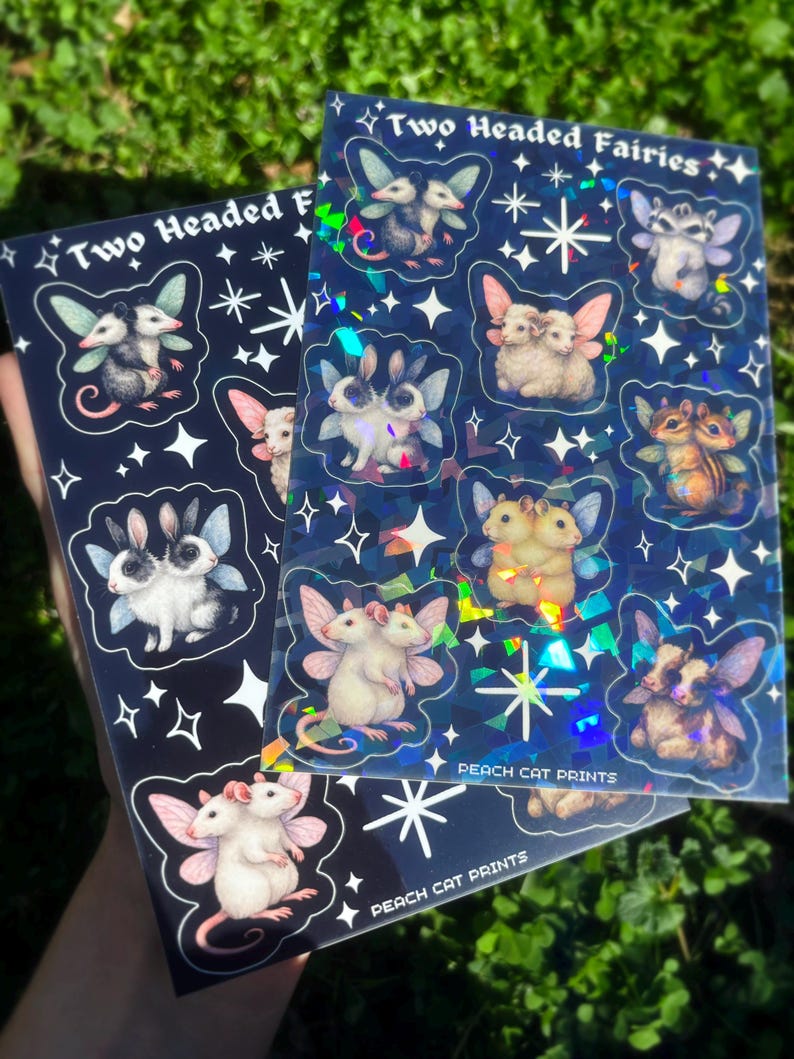 Two Headed Fairies Sticker Sheet - Creepy Cute Sticker Sheet, Weird Animal Sticker Sheet, Kawaii Horror Sticker Double Headed Animal Sticker image 5