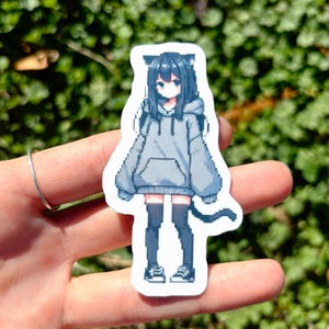 Cute Cat Waifu Vinyl Sticker - Chibi Pixel Art Anime Girl Decal, Kawaii