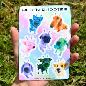 Feuille d'autocollants chiot extraterrestre - feuille d'autocollants animaux extraterrestres, feuille d'autocollants extraterrestre kawaii, feuille de décalcomanies vinyle Puppycore, feuille d'autocollants chien mignon