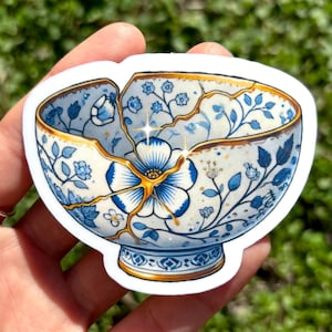 Sticker bol Kintsugi doré - Sticker poterie holographique, jolie oeuvre d'art délicate délicate poterie japonaise, sticker vinyle bol assez scintillant
