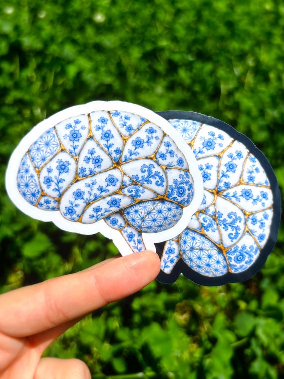 Kintsugi Brain Sticker: Porcelain Anatomy Art, Neuroscience Sticker, Psychology Gift, Blue White Ceramic Brain Decal, Medical Student Gift