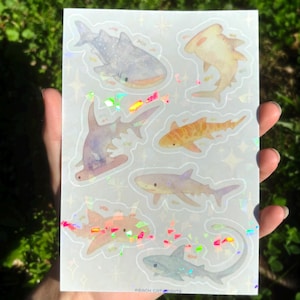 Ark med söta hajar - Minihajklistermärken, havsklistermärken, ark med marina djur, valhajklistermärken, tärskhajklistermärken Holographic