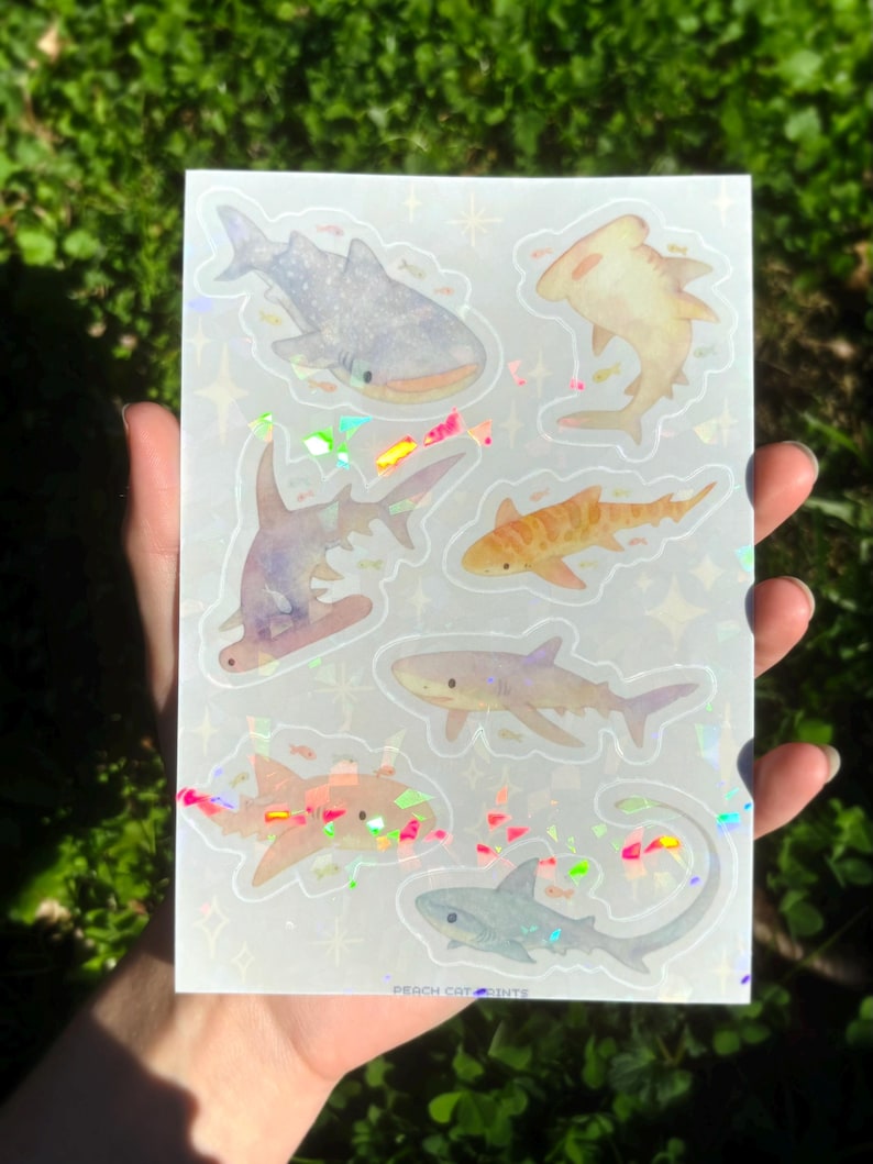 Ark med söta hajar - Minihajklistermärken, havsklistermärken, ark med marina djur, valhajklistermärken, tärskhajklistermärken Holographic