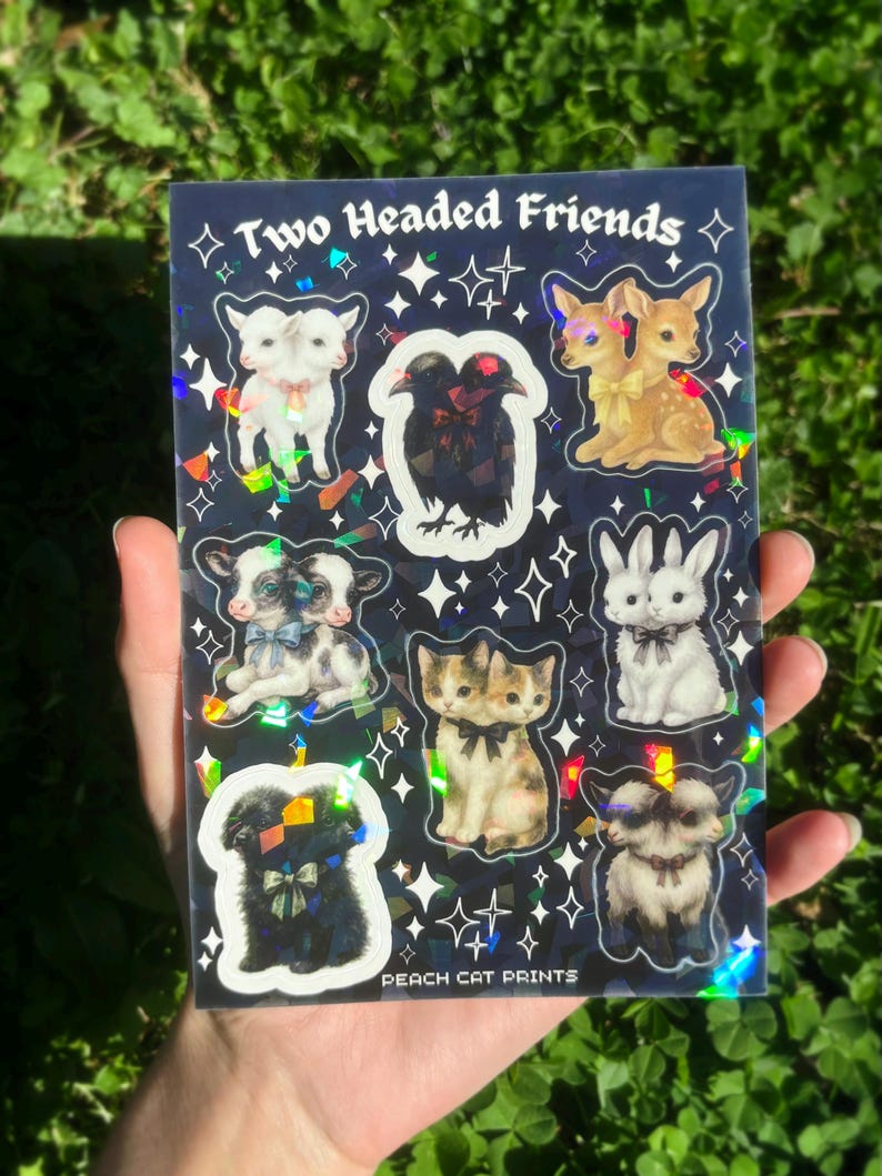 Two Headed Animals Sticker Sheet - Creepy Cute Sticker Sheet, Weird Animal Sticker Sheet, Kawaii Horror Sticker Double Headed Animal Sticker image 3