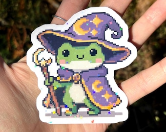 Cute Pixel Art Frog Wizard Vinyl Sticker - Kawaii Animal Froggy Ribbit Magic Pixelated 8 Bit Witch Warlock Toad