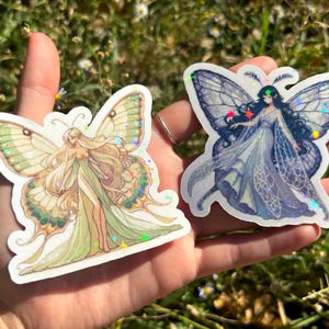Pack d'autocollants fées papillons terrestres et lune - lot d'autocollants holographiques fées, lot de 2 autocollants jolie fée, autocollant guirlande de fées mignon, duo éthéré de lutin