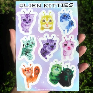 Alien Cat Sticker Sheet - Alien Animal Sticker Sheet, Kawaii Alien Kitty Sticker Sheet, Kittyycore Vinyl Decal Sheet, Cute Cat Sticker Sheet