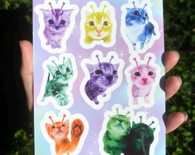 Alien Cat Sticker Sheet - Alien Animal Sticker Sheet, Kawaii Alien Kitty Sticker Sheet, Kittyycore Vinyl Decal Sheet, Cute Cat Sticker Sheet