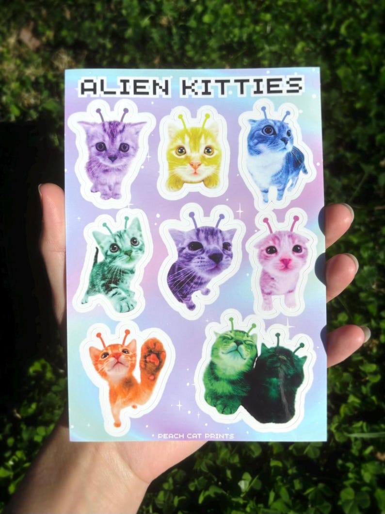 Alien Cat Sticker Sheet - Alien Animal Sticker Sheet, Kawaii Alien Kitty Sticker Sheet, Kittyycore Vinyl Decal Sheet, Cute Cat Sticker Sheet Glossy